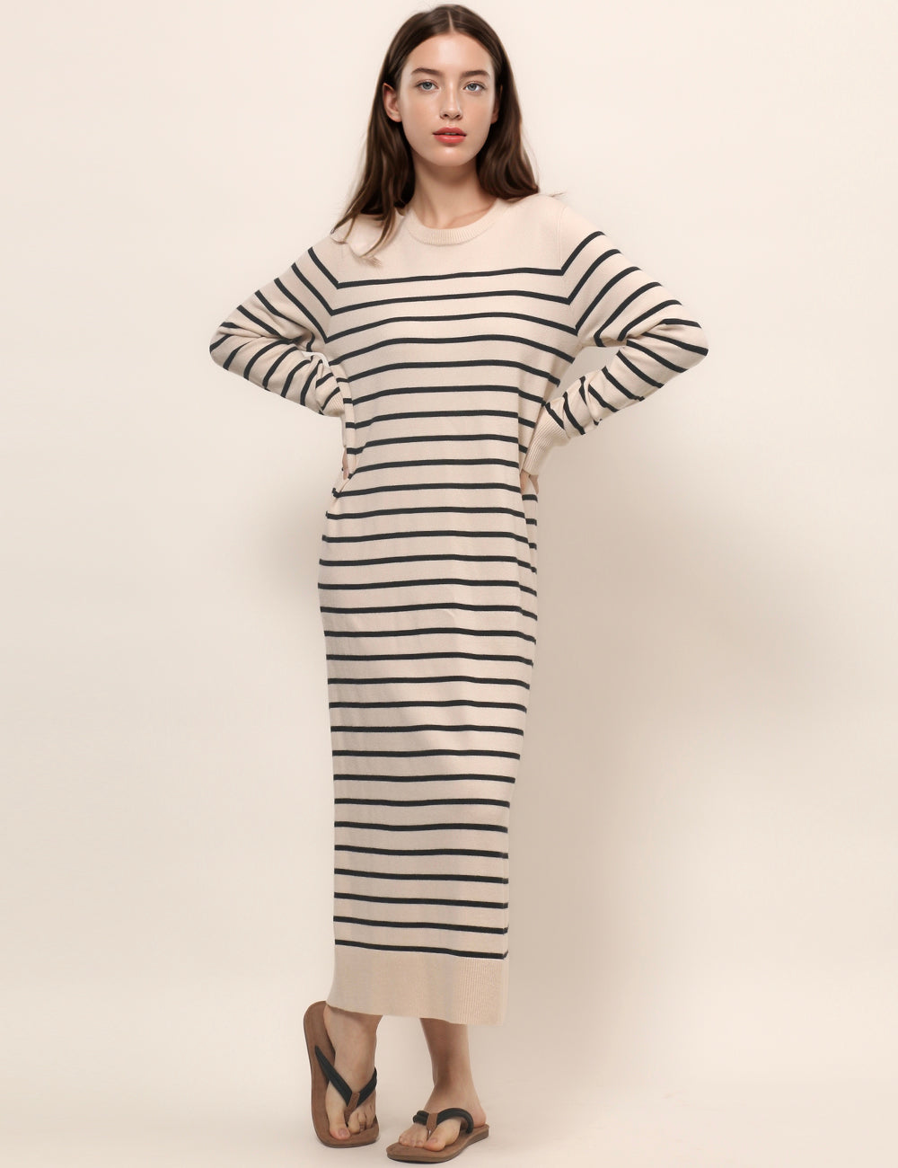 Striped Color Block Long Sleeves Knit Long Dress DPD4850