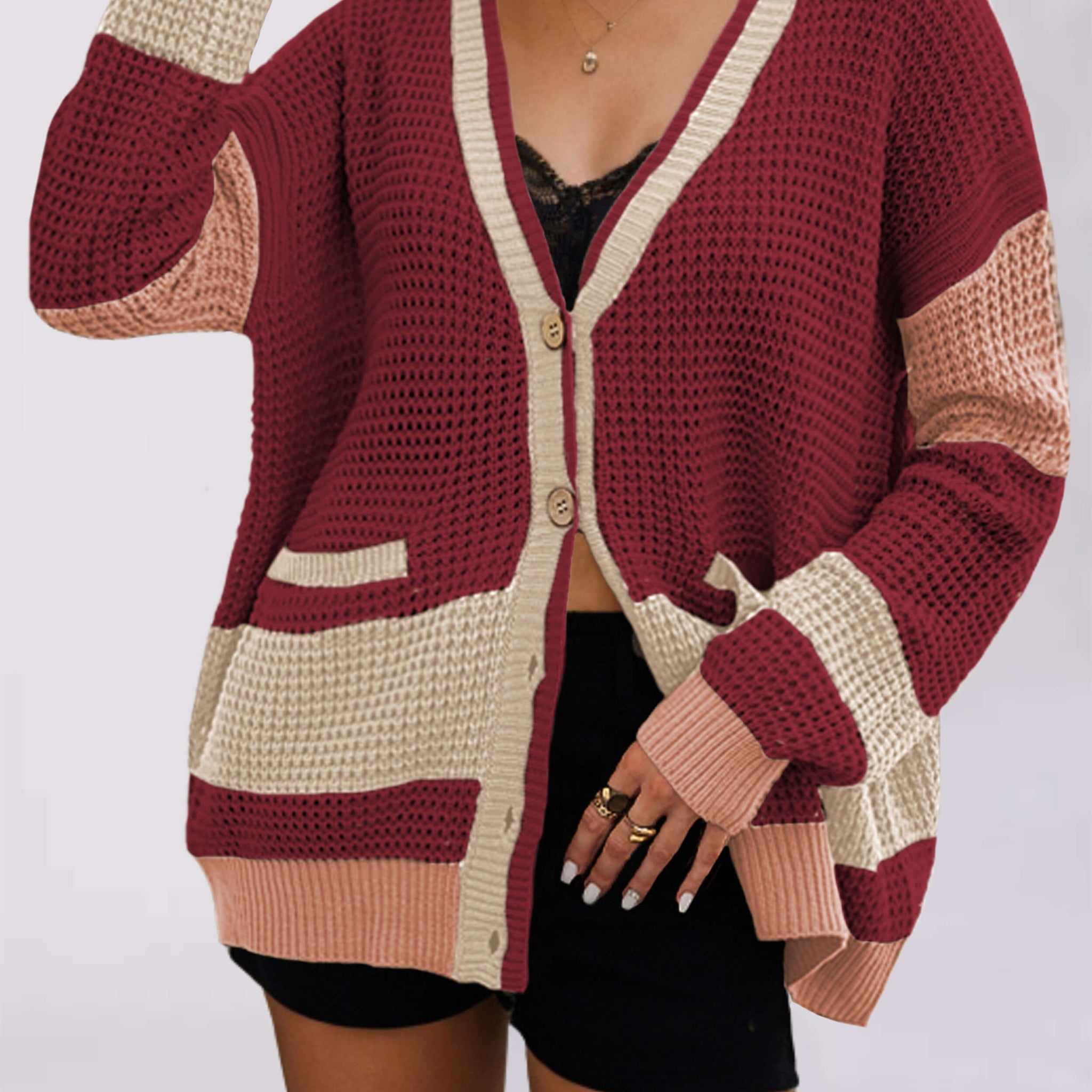 V-Neck Color Block Sweater Knit Cardigan DPT0801