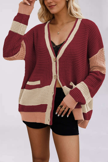 V-Neck Color Block Sweater Knit Cardigan DPT0801