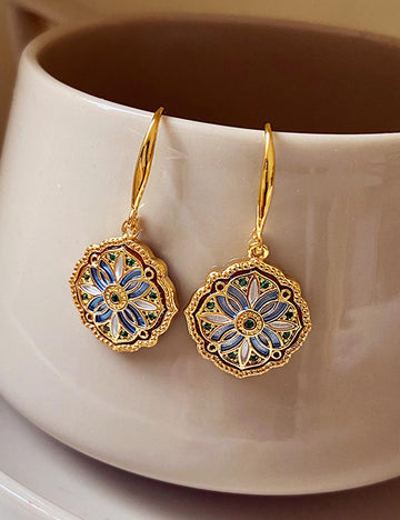 Vintage Gold Enamel Floral Hook Earrings DP25E585