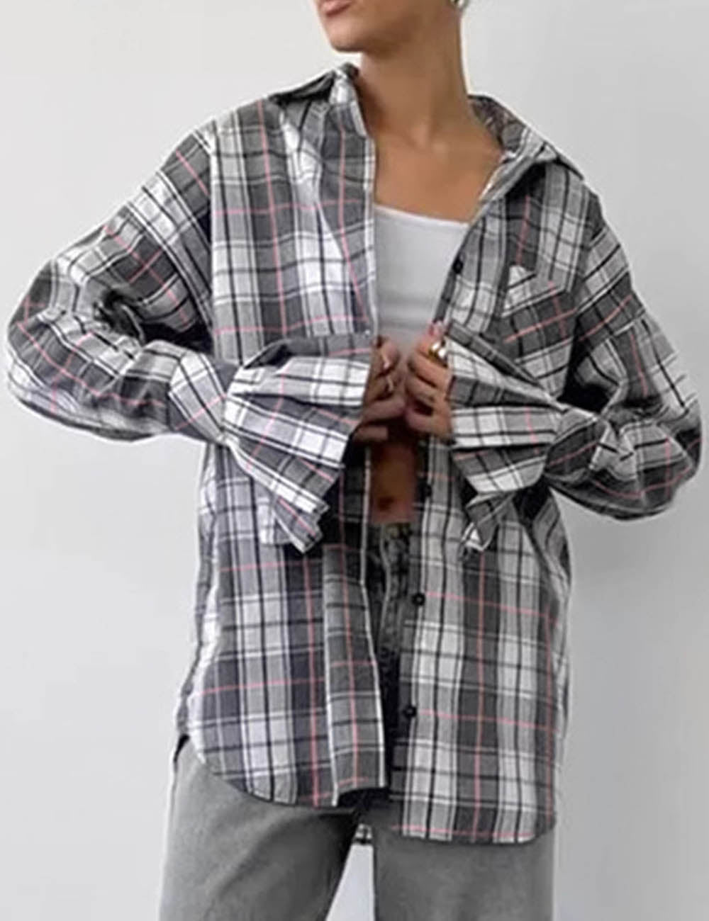 Minimalist Color Block Plaid Button Down Oversize Shirt  DP26I463