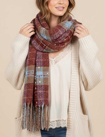 Christmas Warm Color Block Plaid Tassel Scarf DP25H407