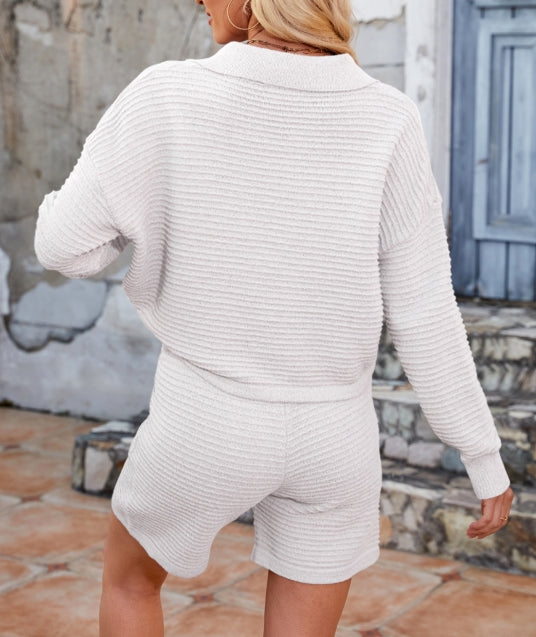 Solid Color V-Neck Sweater Loose Short Knit Set DP25A890