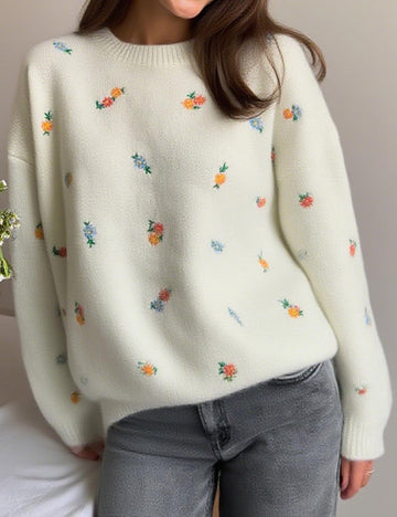 Simple Embroidered Flower Round Neck Cardigan DP25G923