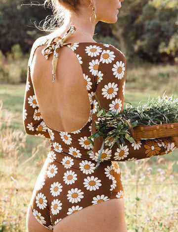 Brown Backless Floral Print One Piece Swimwear DPSW0405