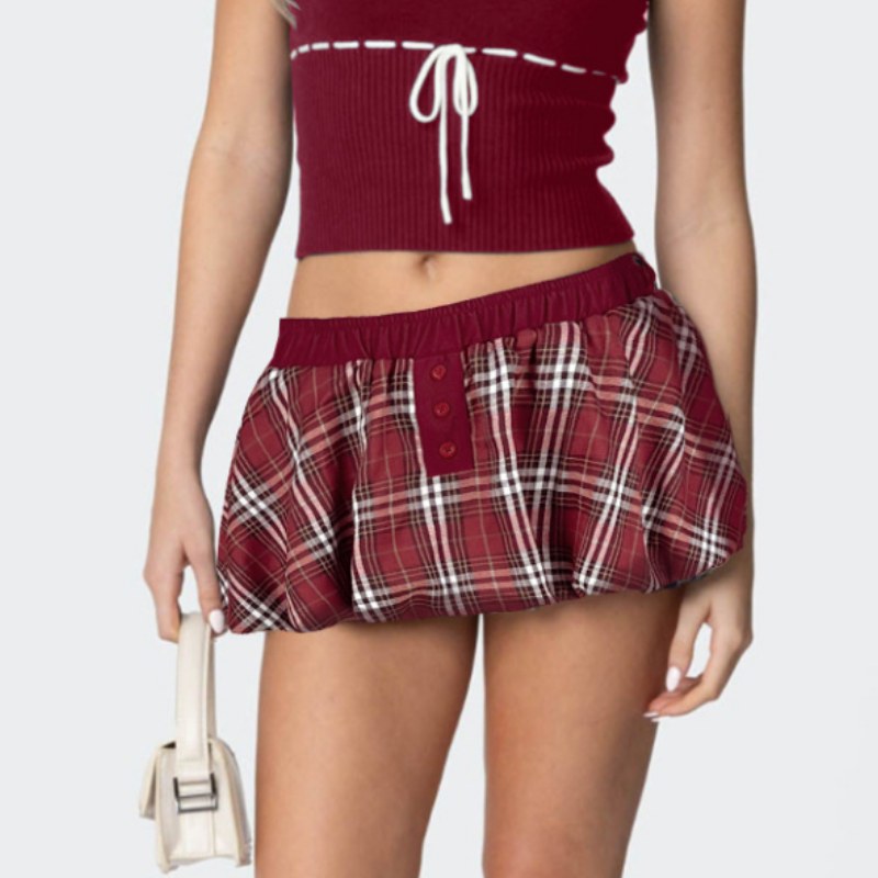 Color Block Plaid Button Mini Skirt DP25B668