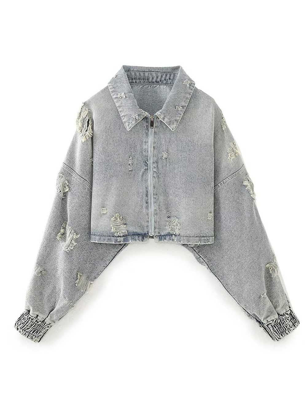 Trendy Ripped Denim Long Sleeve Cropped Jacket DP25E761