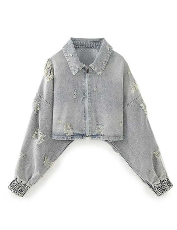 Trendy Ripped Denim Long Sleeve Cropped Jacket DP25E761