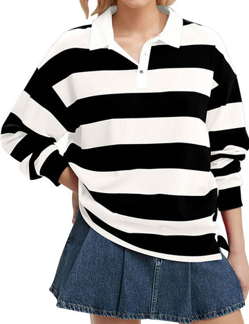 Striped Lapel Collar Long Sleeve Casual Top DP25F522