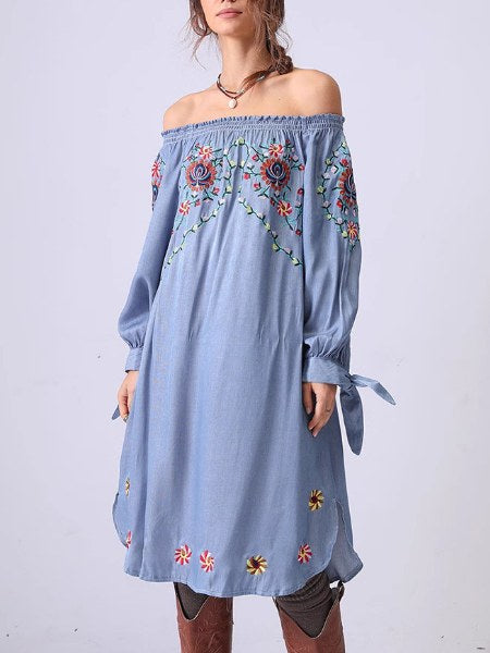 Flower Embroidered Off Shoulder Midi Dress DP25C882