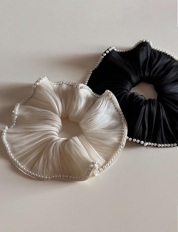 Elegant Satin Chiffon Pearl Embedded Hair Scrunchies DP25F974