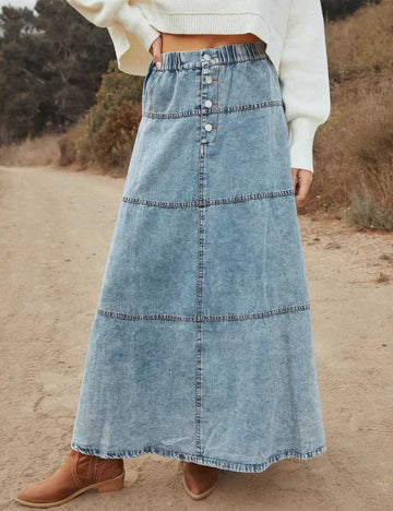 Minimalist Layered A-Line Denim Midi Skirt DP25D908
