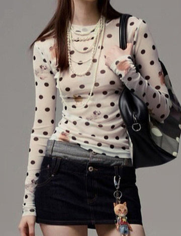 Crew Neck Polka Dot Crop Top - DippedShop Wholesale - #9075