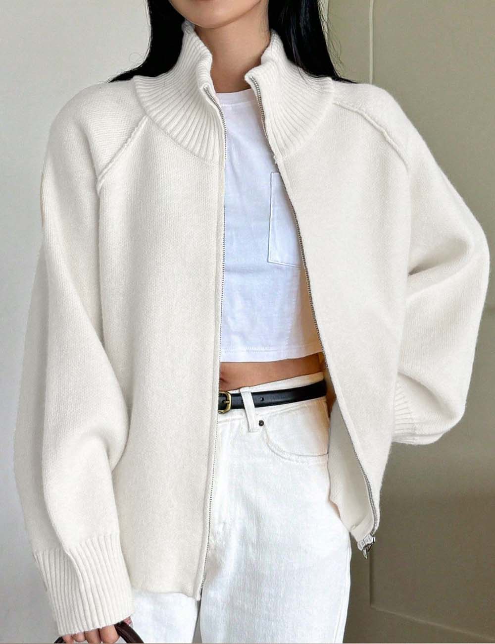 Solid Color High Neck Zip-Up Knit Cardigan DP25F713