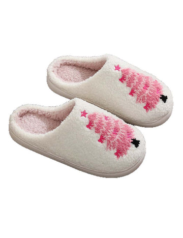 Pink Christmas Tree Print Plush Winter Slippers DP25H488