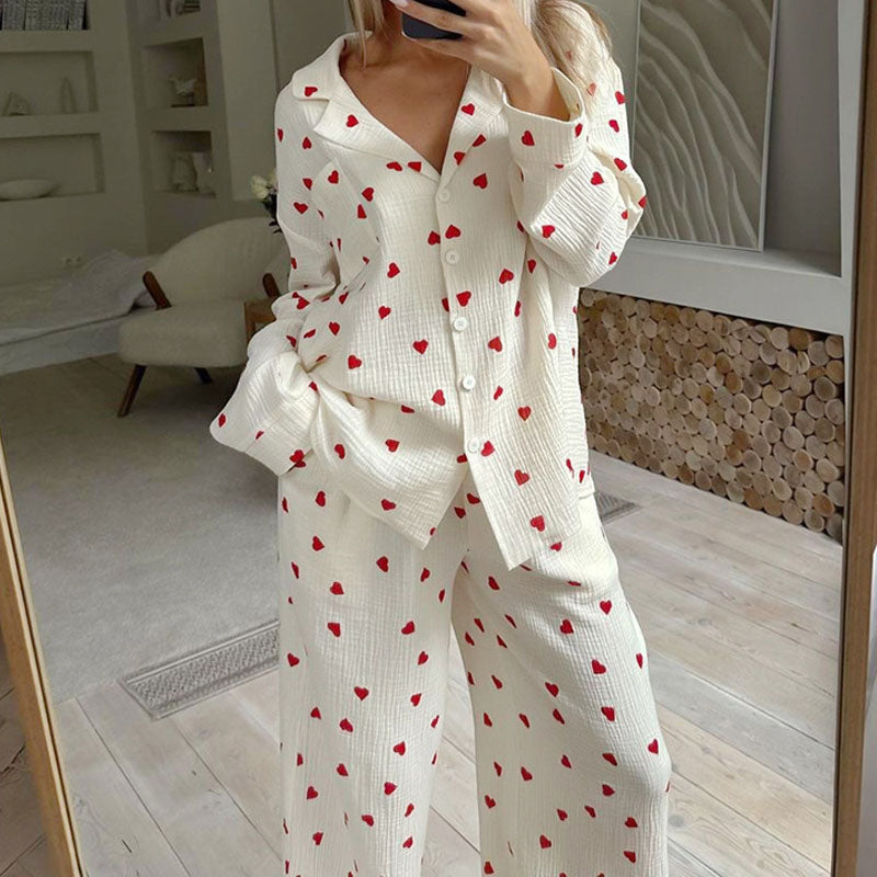 Heart Print Lounge Button Up Pajamas Set DP25F878