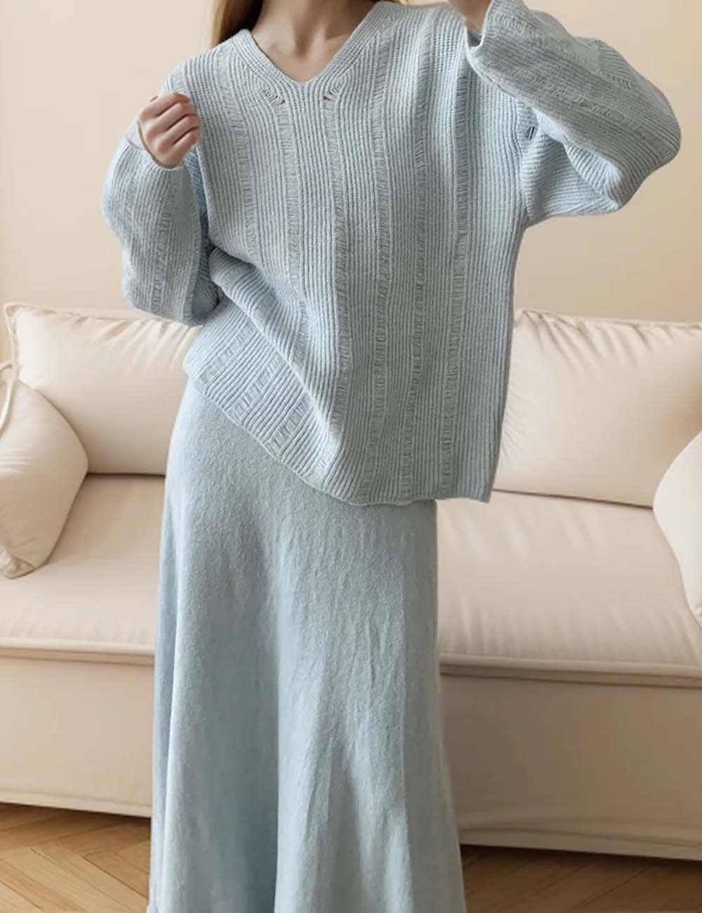 Solid Color Loose Knit Sweater Maxi Skirt Set DP25G549