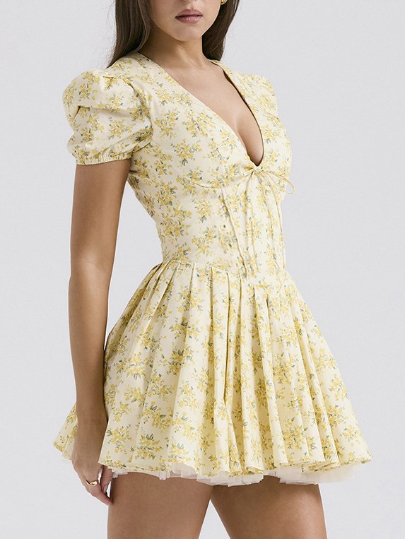 Puffy Sleeves V-Neck A Line Mini Dress DP25C477