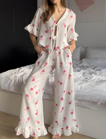 Elegant Print Ruffled Short Sleeve Pajamas Set DP25F882