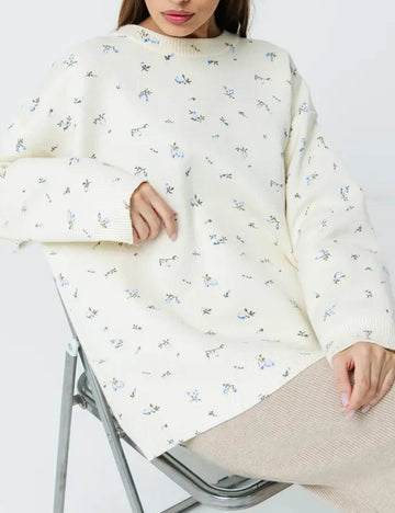 Flower Print Crew Neck Pullover Knit Sweater DP25H640