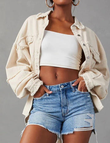 Retro Rivet Studded Frayed Oversize Denim Jacket DP25E565