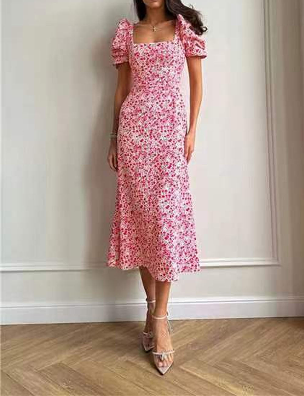 Elegant Floral Print Square Neck Midi Dress DP25D942