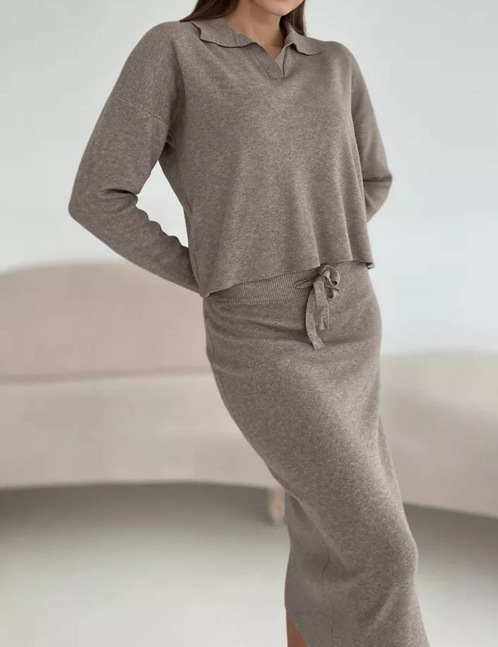 Knit Fall Polo Collar Sweater Bodycon Skirt Set DP25G553