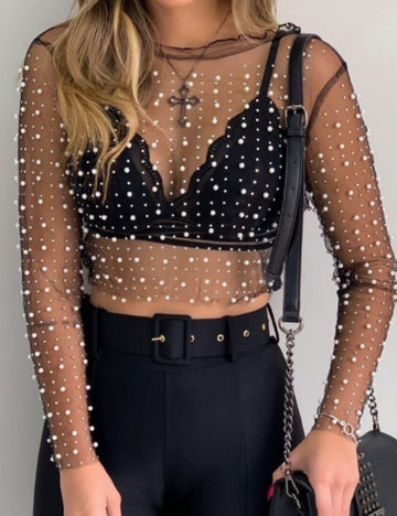 Mesh Shiny Rhinestone See Through Blouse DP25B859