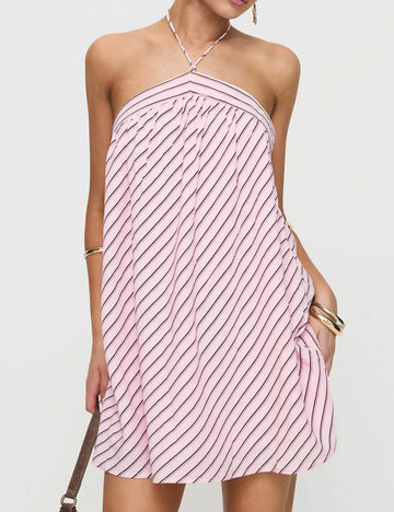 Cute Solid Color Striped Halter Backless Dress DP25D569