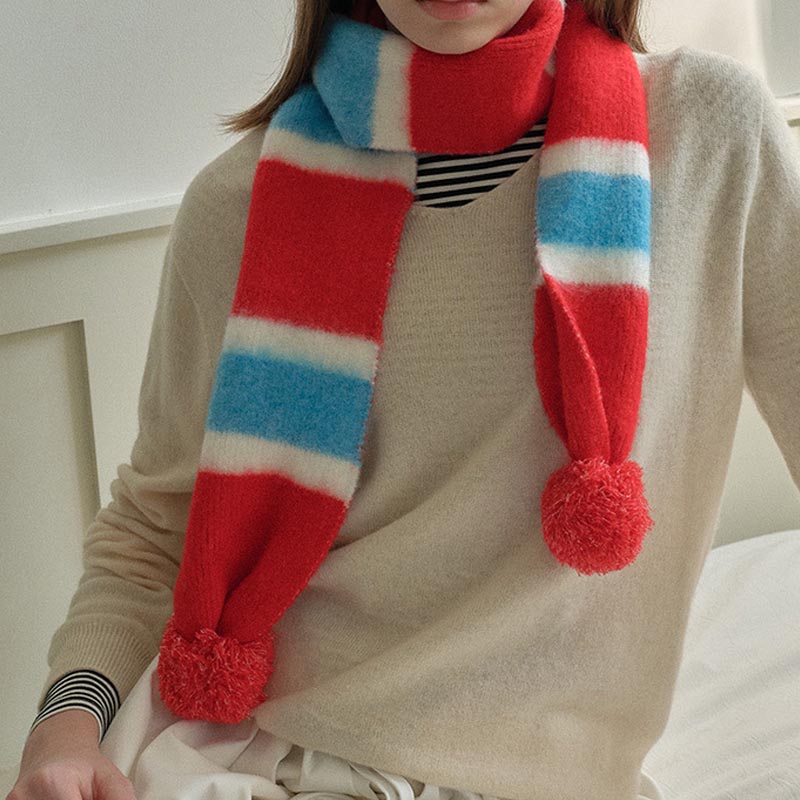 Cute Knit Striped Scarf with Pom Pom DP25G563